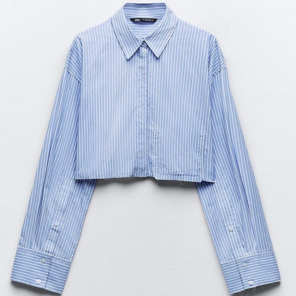ZARA Cropped Blue White Stripe Button Down Shirt Size S